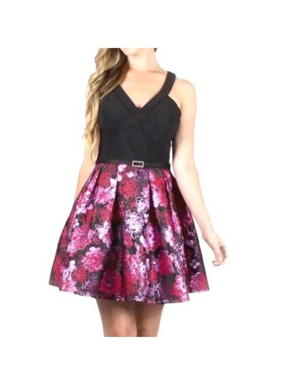 Crystal Doll Black Pink Floral Jacquard Fit & Flare Belted V-Neck Party Dress NW